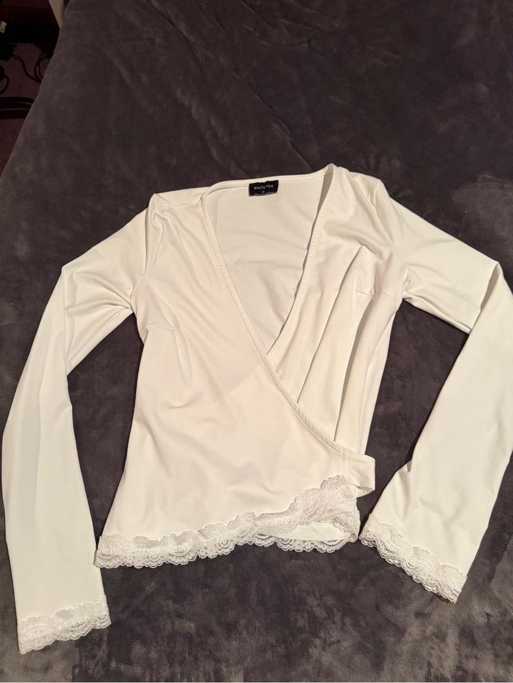 White Wrap-Style Long Sleeve Top with Lace Trim